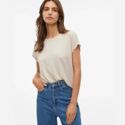 T-shirt girocollo beige da Donna a costine e glitter Vero Moda