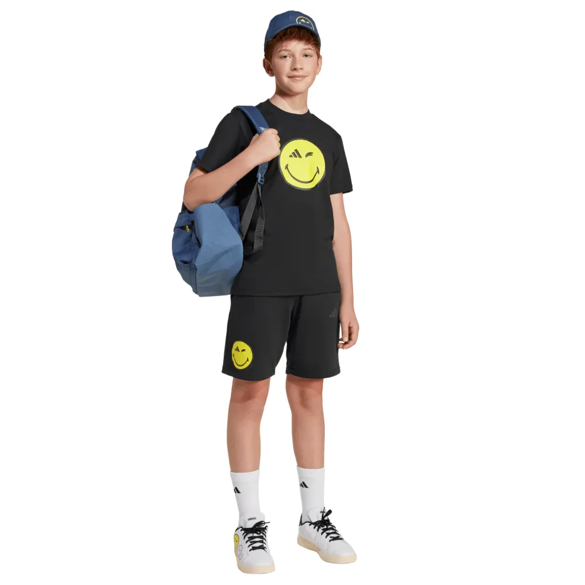 T-shirt nera in cotone da ragazzi con stampa Smile adidas