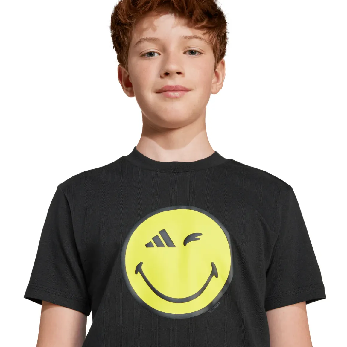 T-shirt nera in cotone da ragazzi con stampa Smile adidas