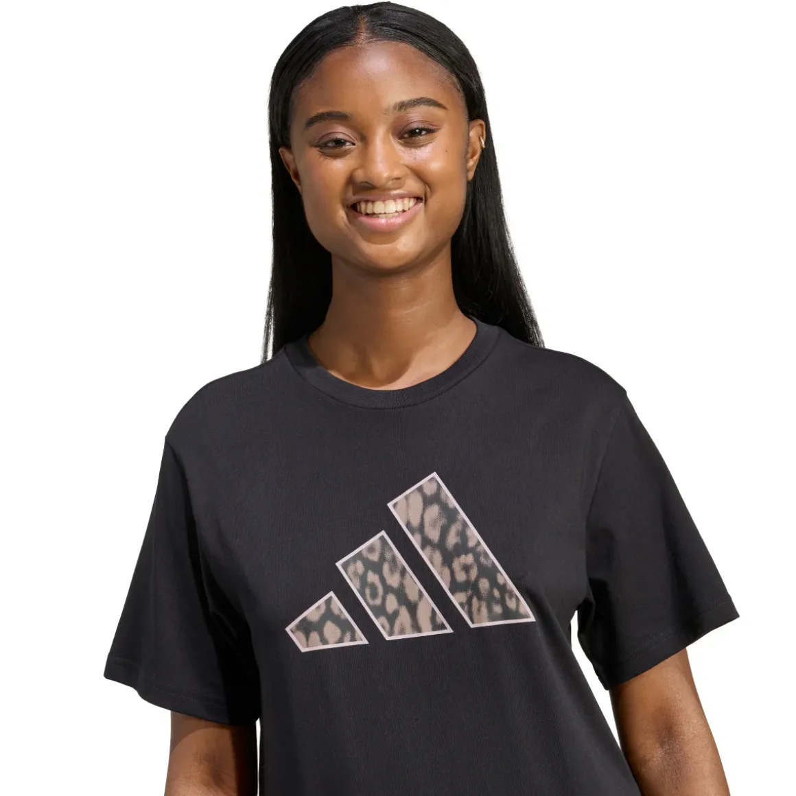 T-shirt sportiva nera da Donna con logo leopardato a contrasto adidas