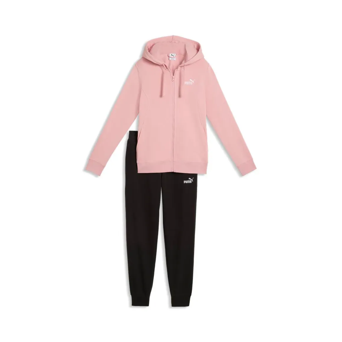 Tuta da donna rosa e nera Puma con felpa con cappuccio e zip