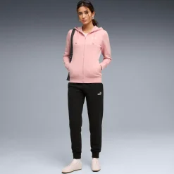 Tuta da donna rosa e nera Puma con felpa con cappuccio e zip