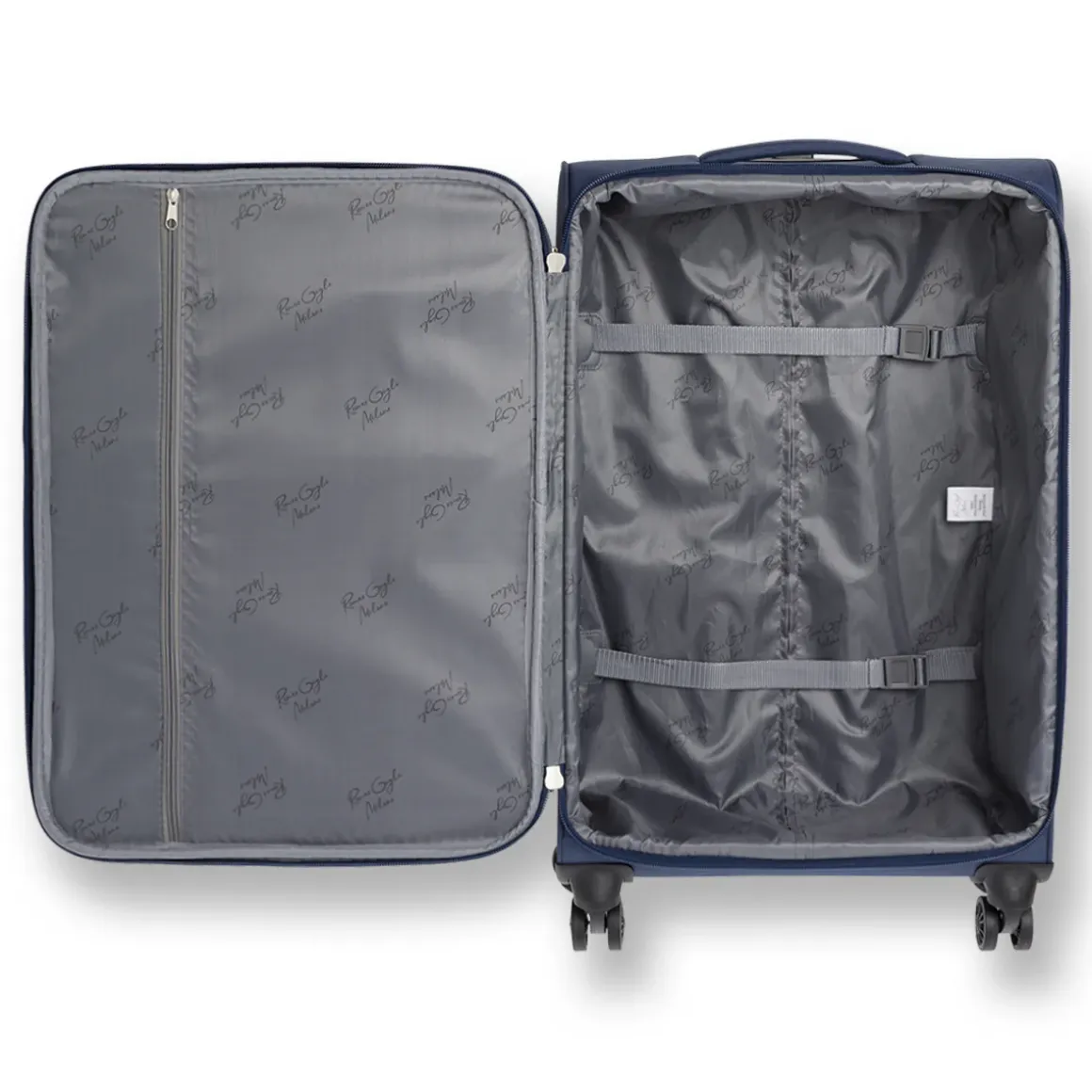 Valigia trolley blu in tessuto con dettagli rossi Romeo Gigli Milano
