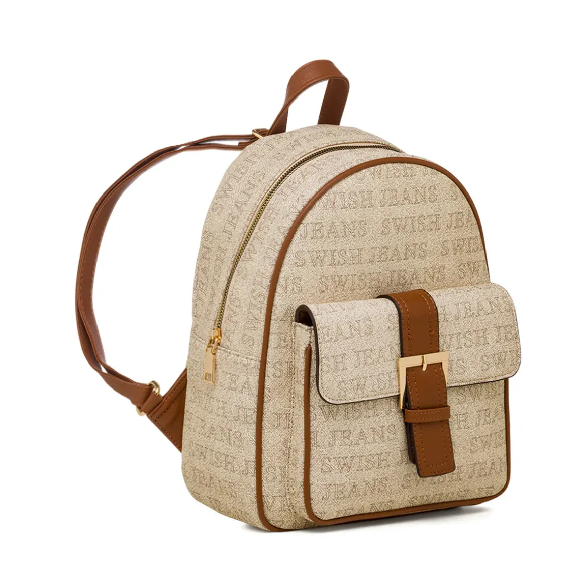 Zaino da donna beige con logo e dettagli marroni Swish Jeans