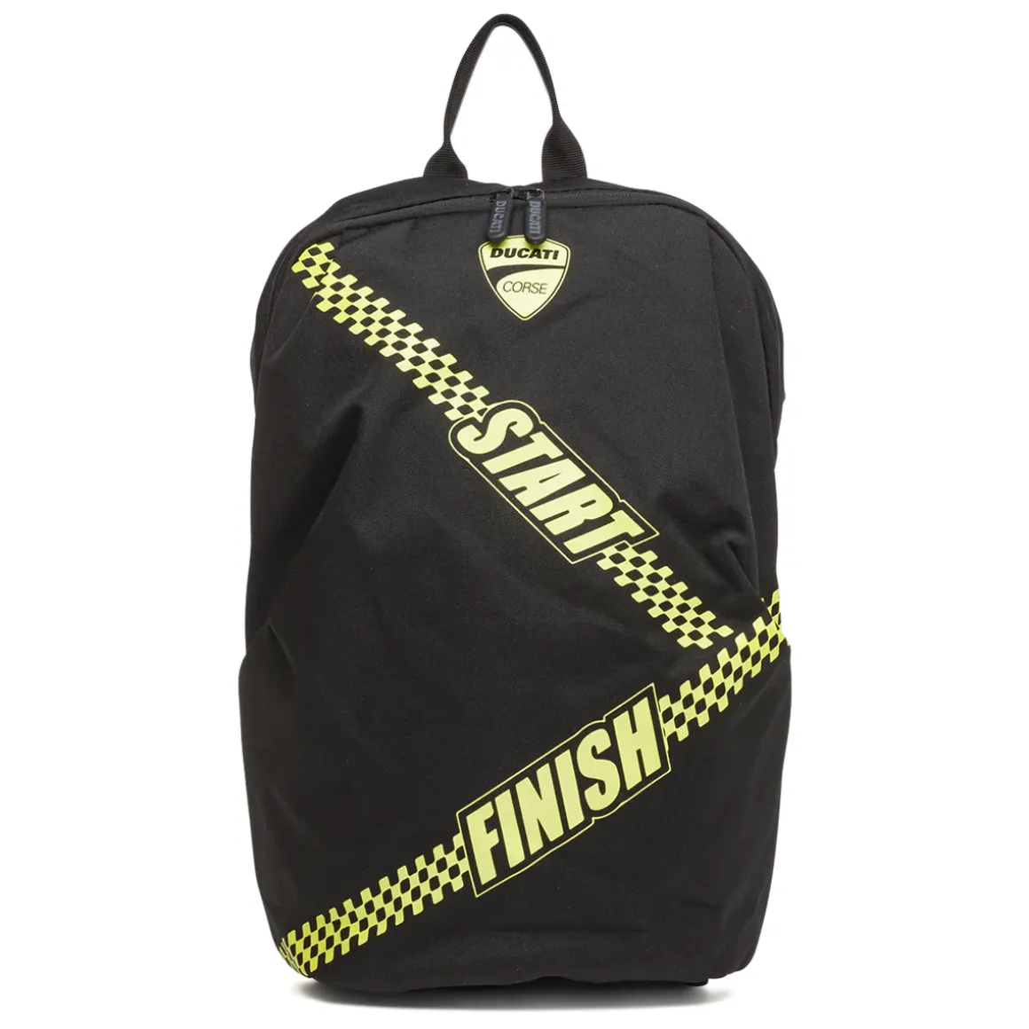 Zaino sportivo nero con dettagli giallo fluo e logo Ducati Corse