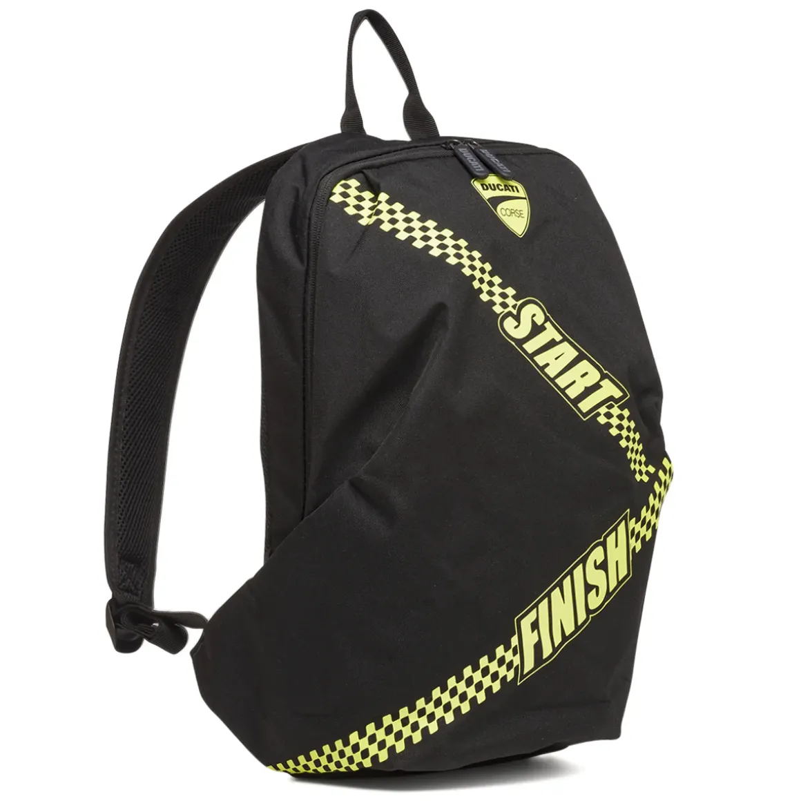 Zaino sportivo nero con dettagli giallo fluo e logo Ducati Corse