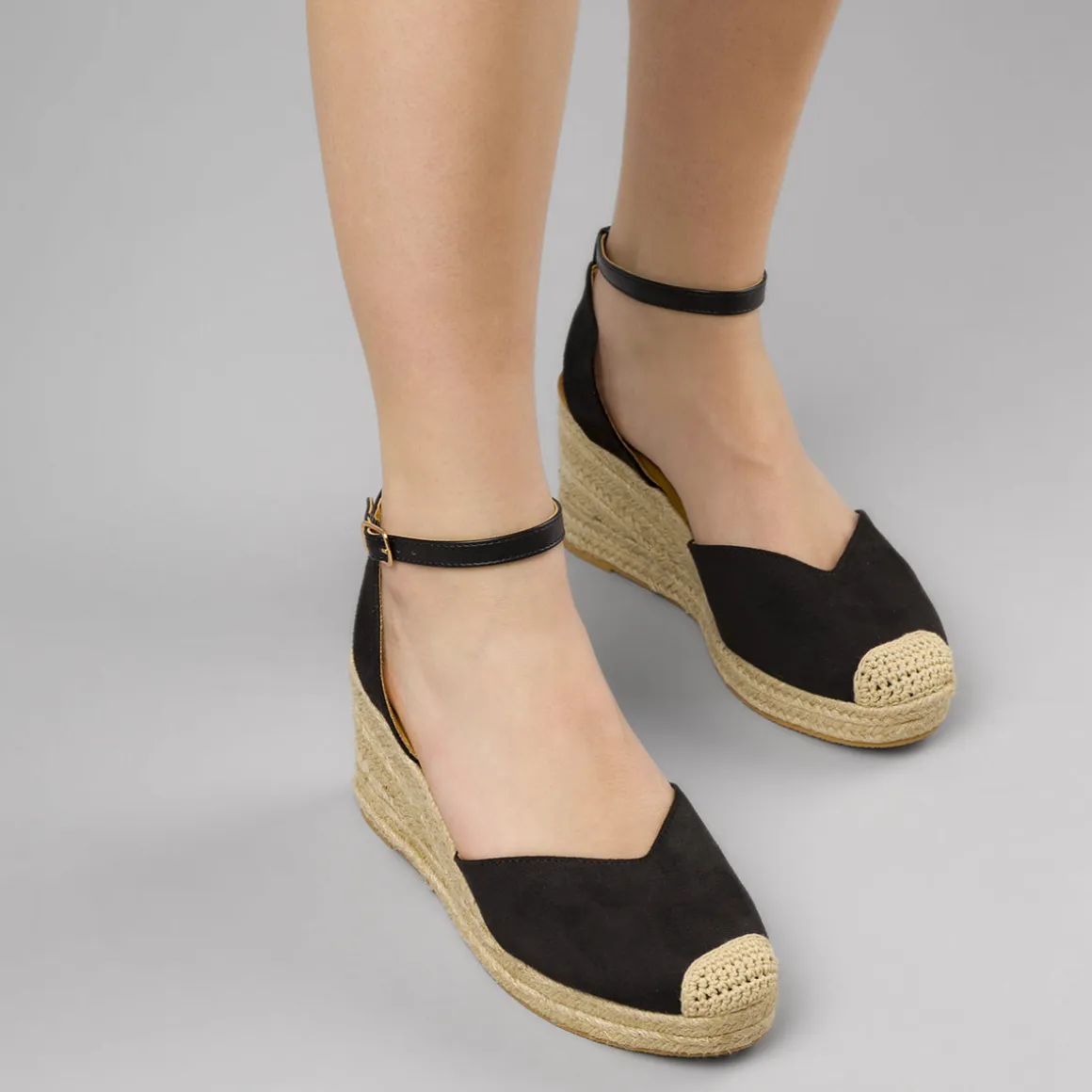 Zeppe nere da Donna in corda 8,5 cm e punta in crochet Lora Ferres